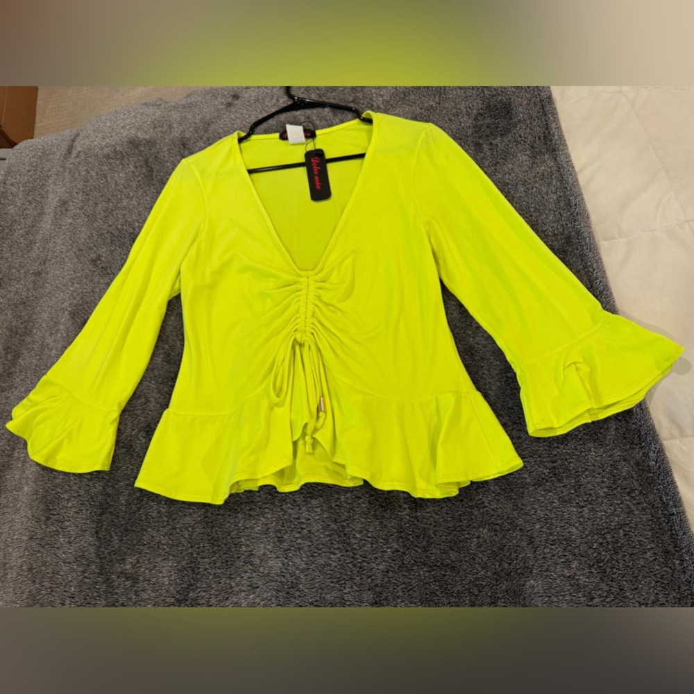 3/$15 Neon Yellow Cinch Front Peplum Top -L fits M